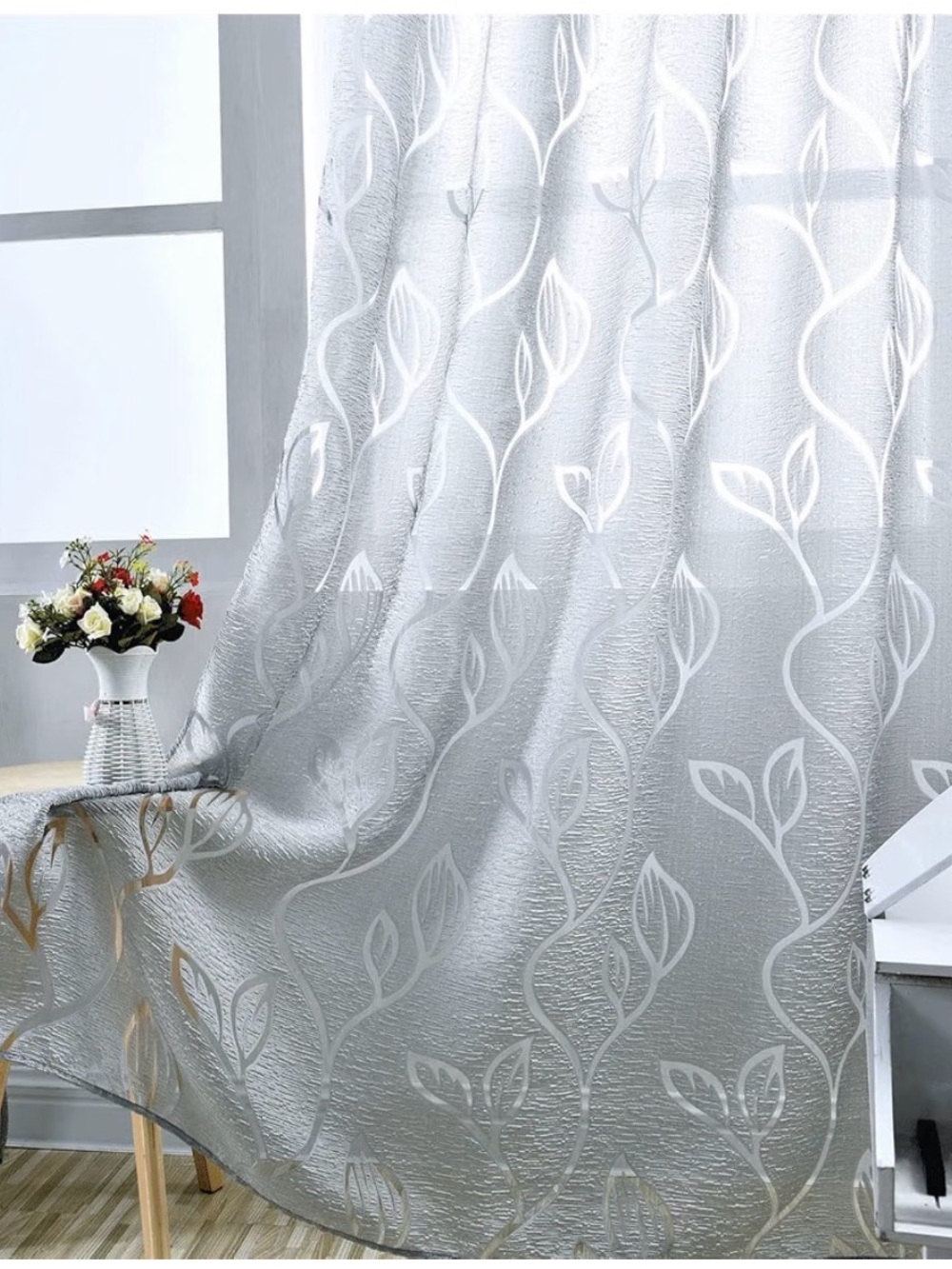 Elegant Silver Leaf-Pattern Curtain Panels - Home